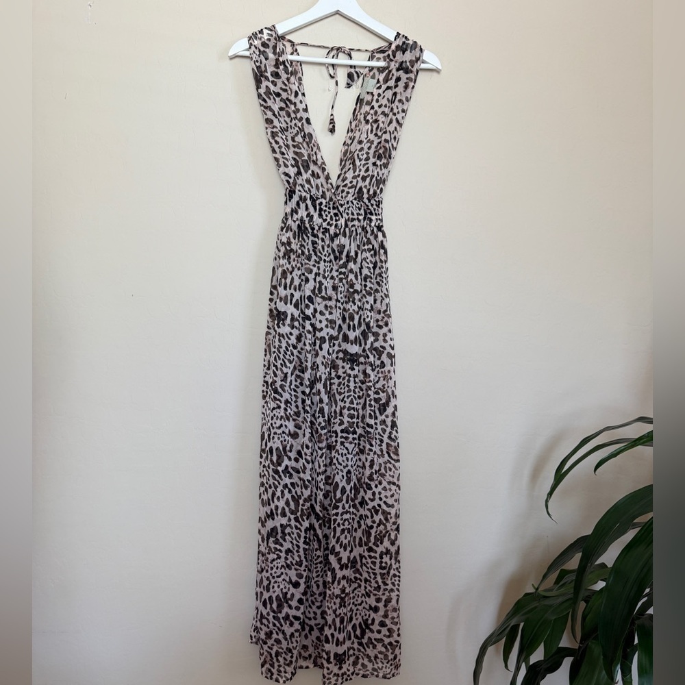 Gianni Bini Leopard Deep V Plunge Women’s Maxi Dress Sheer Swim Cover Up XS